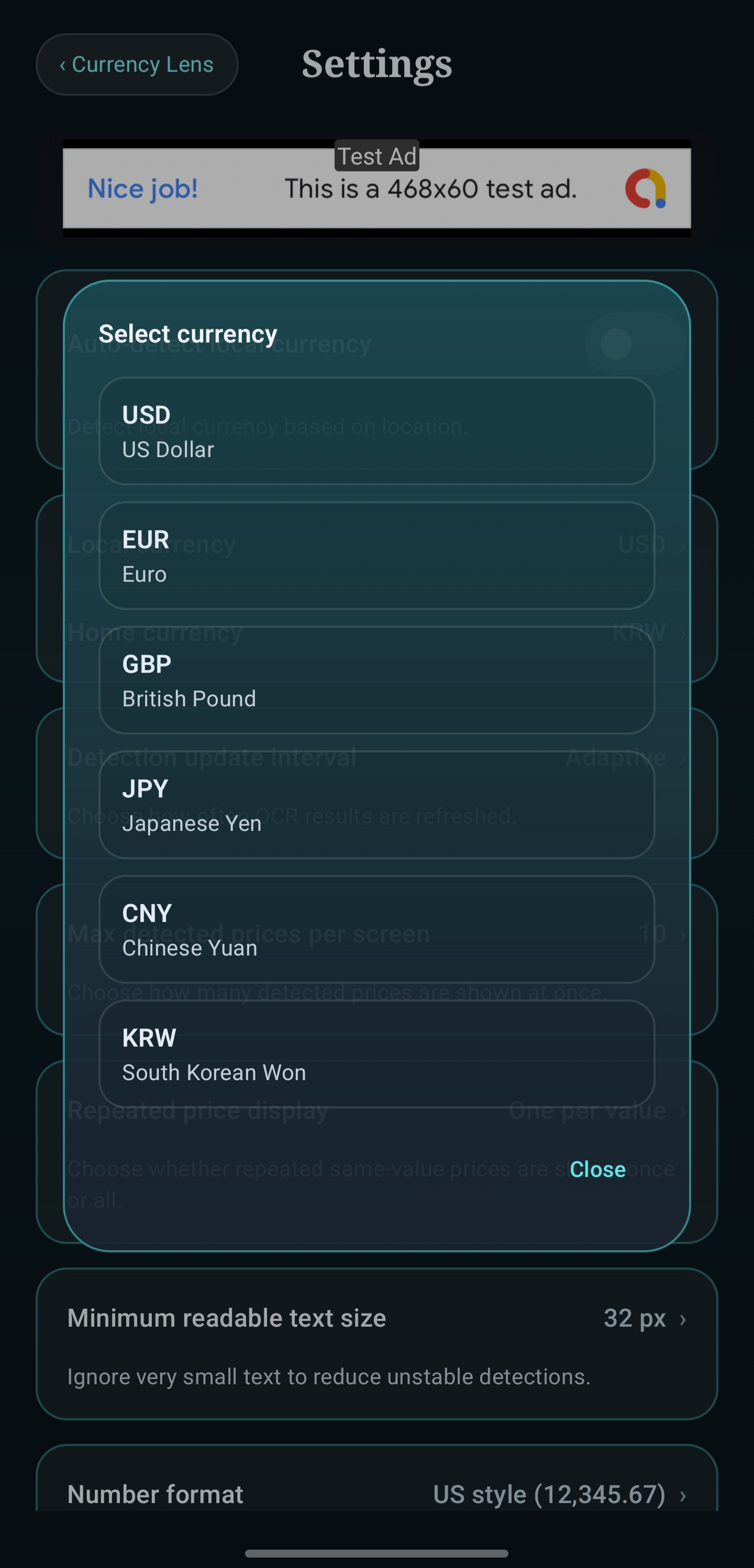 Currency list settings